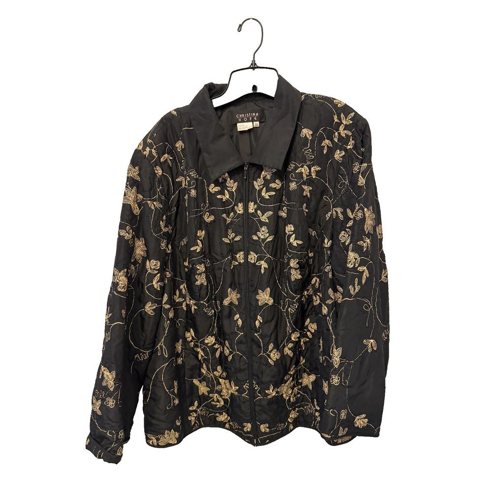 Vintage Christina Hope Silk Jacket Womens 2X Black Gold Grandmillennial